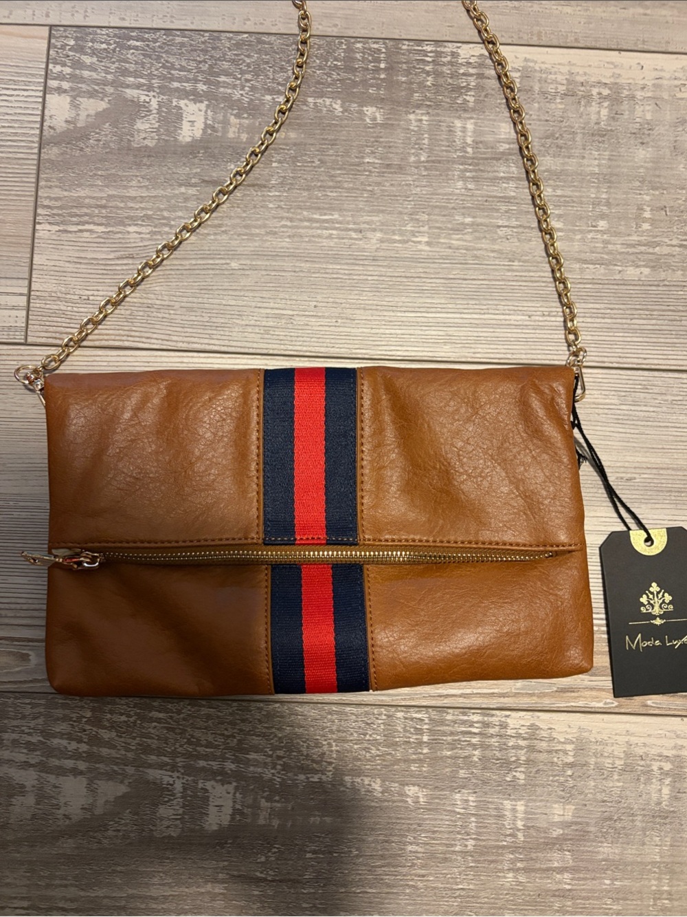 Moda Luxe Jules Clutch Tan with Red & Navy Center Stripe NWT - Picture 2 of 7